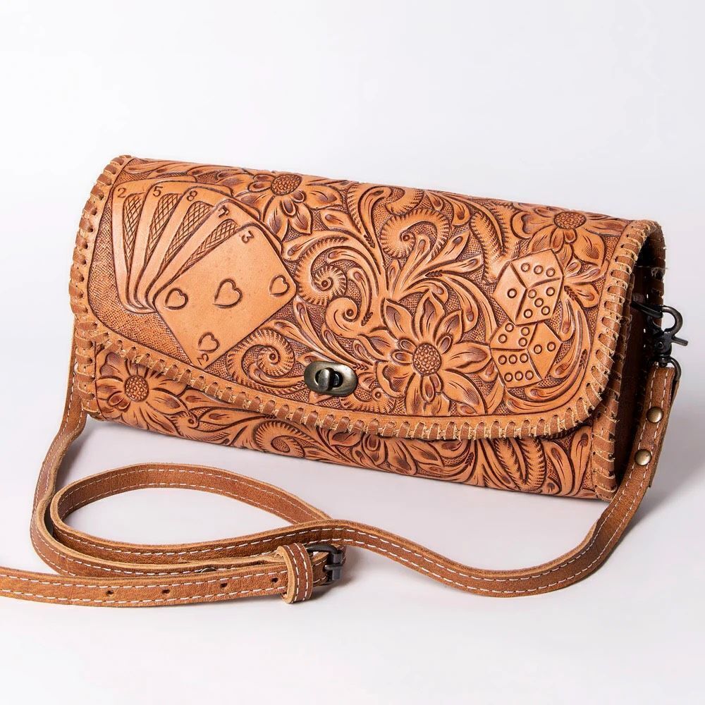 American Darling Hand Tooled Leather Western Wallet Bag Floral Cards Dice Purse